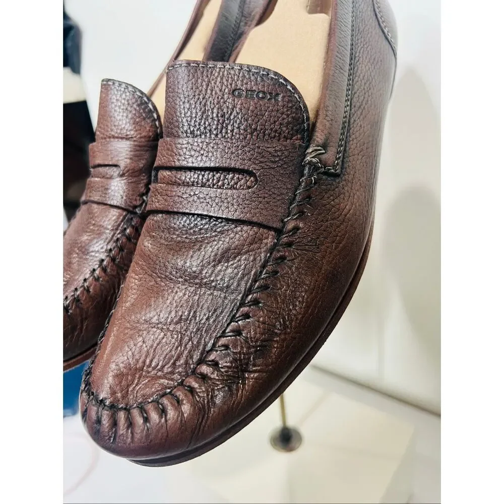 GEOX Respira Brown Leather Men's Slip On Penny Loafers Size 10